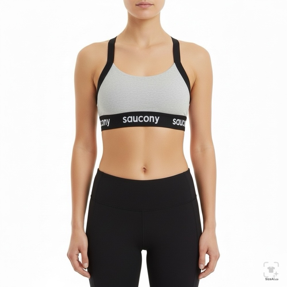 Saucony Womens Gray Black Racerback Athletic Sports Bra Logo Band Workout Top